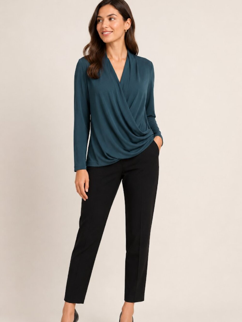 Nine West Women’s Teal Draped Wrap Top M Long Sleeve Surplice Blouse NWT